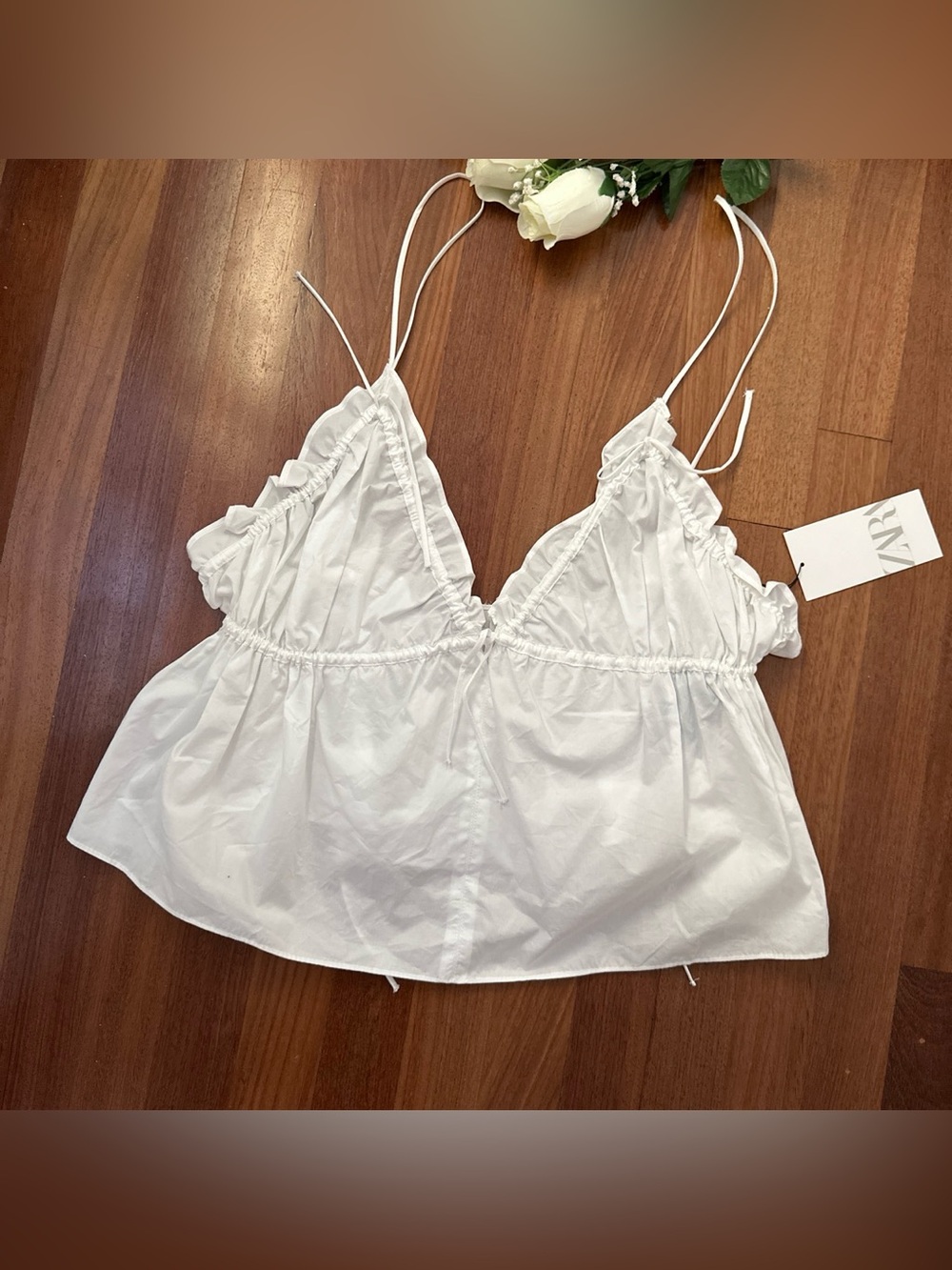 Zara White Ruffle Spaghetti Strap Top